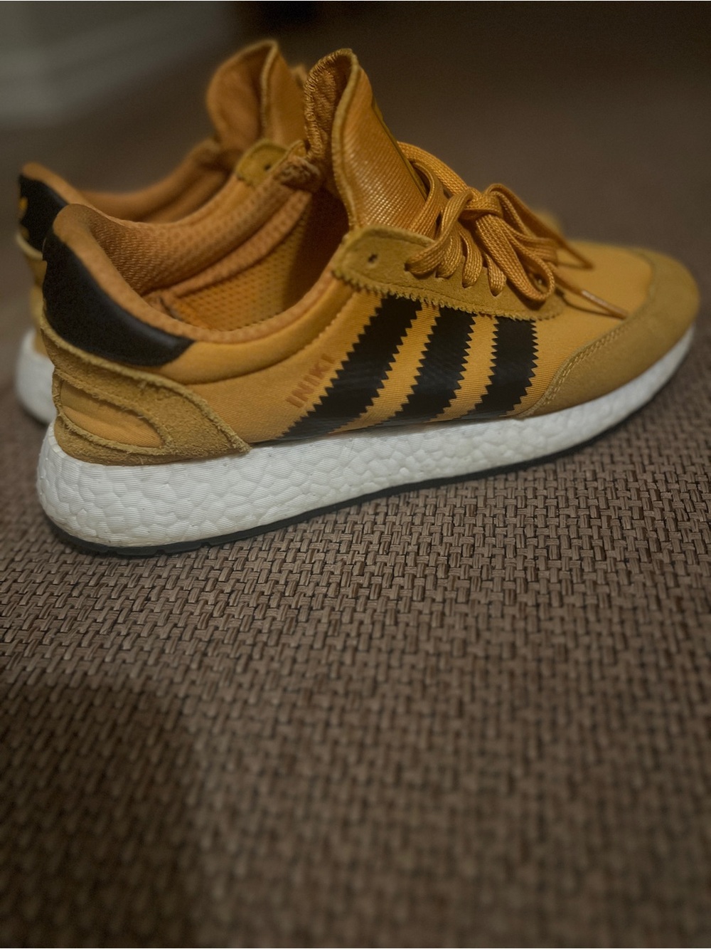 Adidas Mustard Yellow and Black Three-Stripes Sneakers